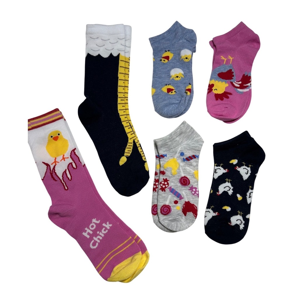Novelty Chicken Sock Bundle 6 Pairs Ankle Crew Hot Chick Rooster Patterns Multi